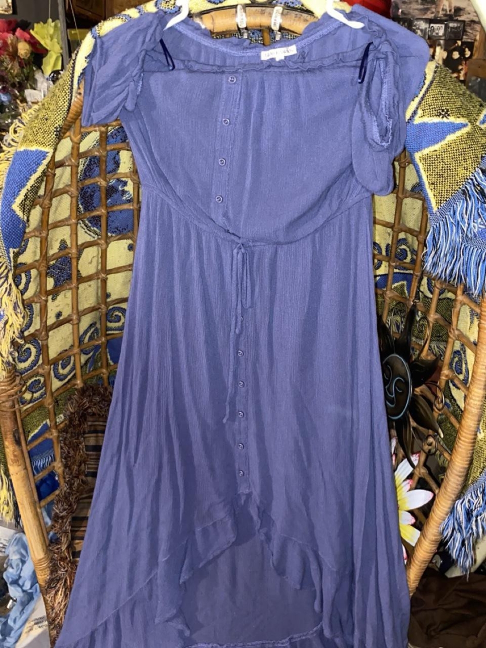 Black Swan Blue Crinkle Boho Midi Dress Off Shoulder High Low Ruffle